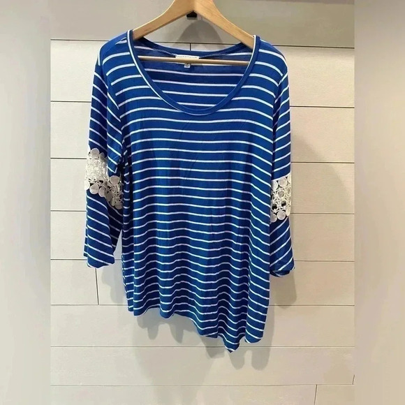Tops - Notation Blue/ white striped asymmetrical Shirt- XL